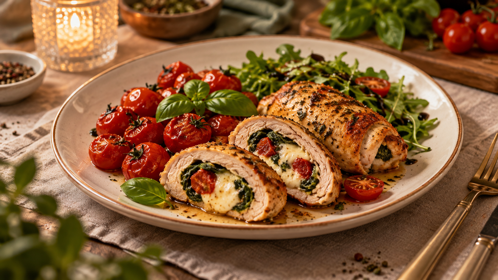 Куриные рулетики с моцареллой, шпинатом и томатами🍗